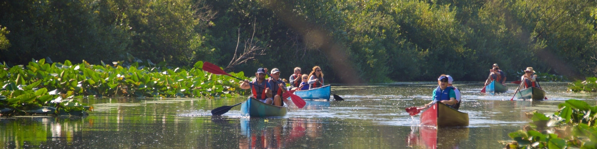 Mercer Slough Nature Park que inclui caiaque ou canoagem e um rio ou córrego assim como um grande grupo de pessoas