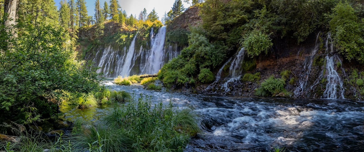 A river flowing through a forest with multiple waterfalls.