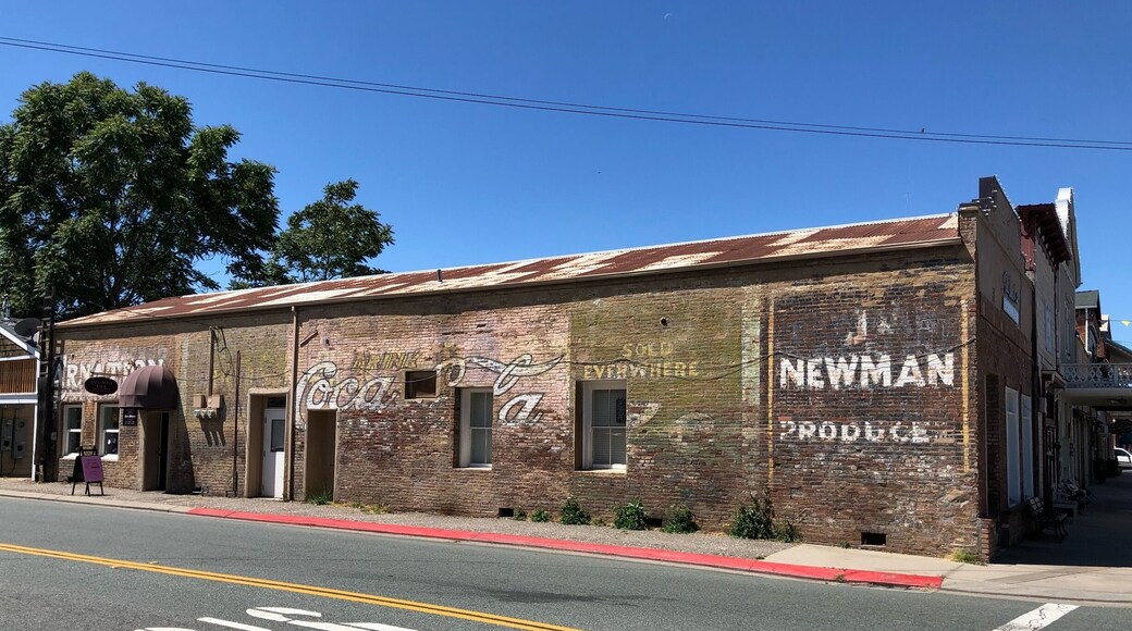 Remnants of what were once billboard ads on the side of what looks like a former food store in Ione California.