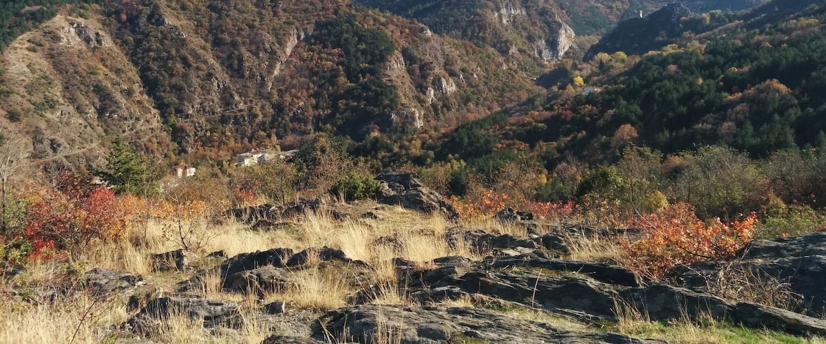 A mountainous landscape with rocky terrain and autumn-colored foliage.