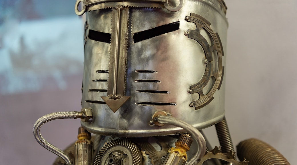 Cherepovets, Russia May 22, 2021 A figure of an iron man - a robot on display at a metallurgical museum, assembled from iron sheets by an experienced welder.