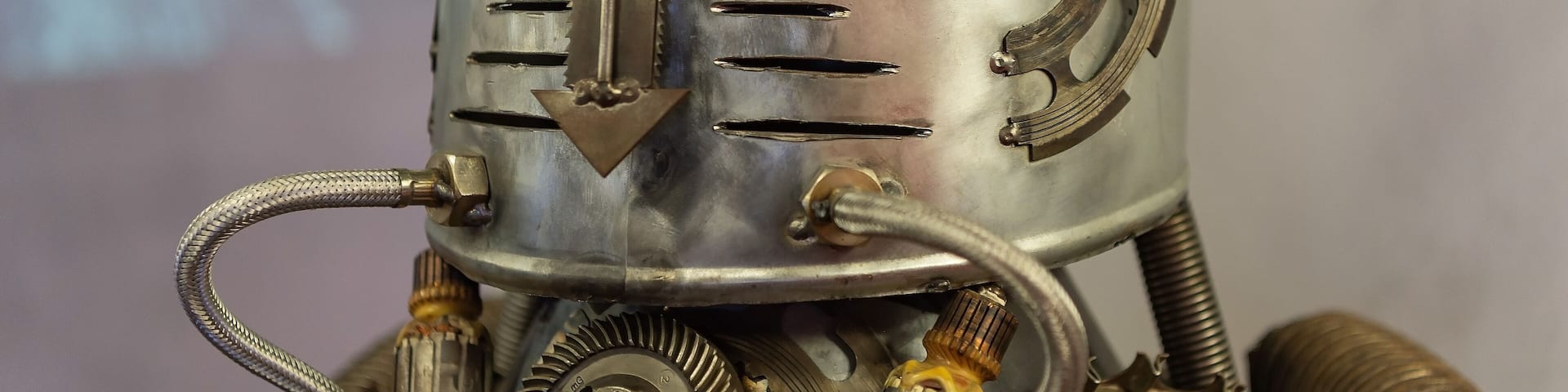 Cherepovets, Russia May 22, 2021 A figure of an iron man - a robot on display at a metallurgical museum, assembled from iron sheets by an experienced welder.