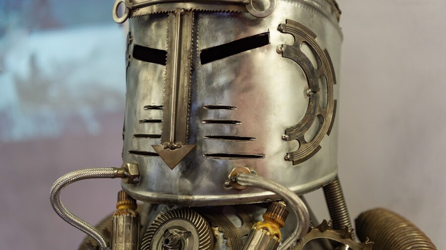 Cherepovets, Russia May 22, 2021 A figure of an iron man - a robot on display at a metallurgical museum, assembled from iron sheets by an experienced welder.