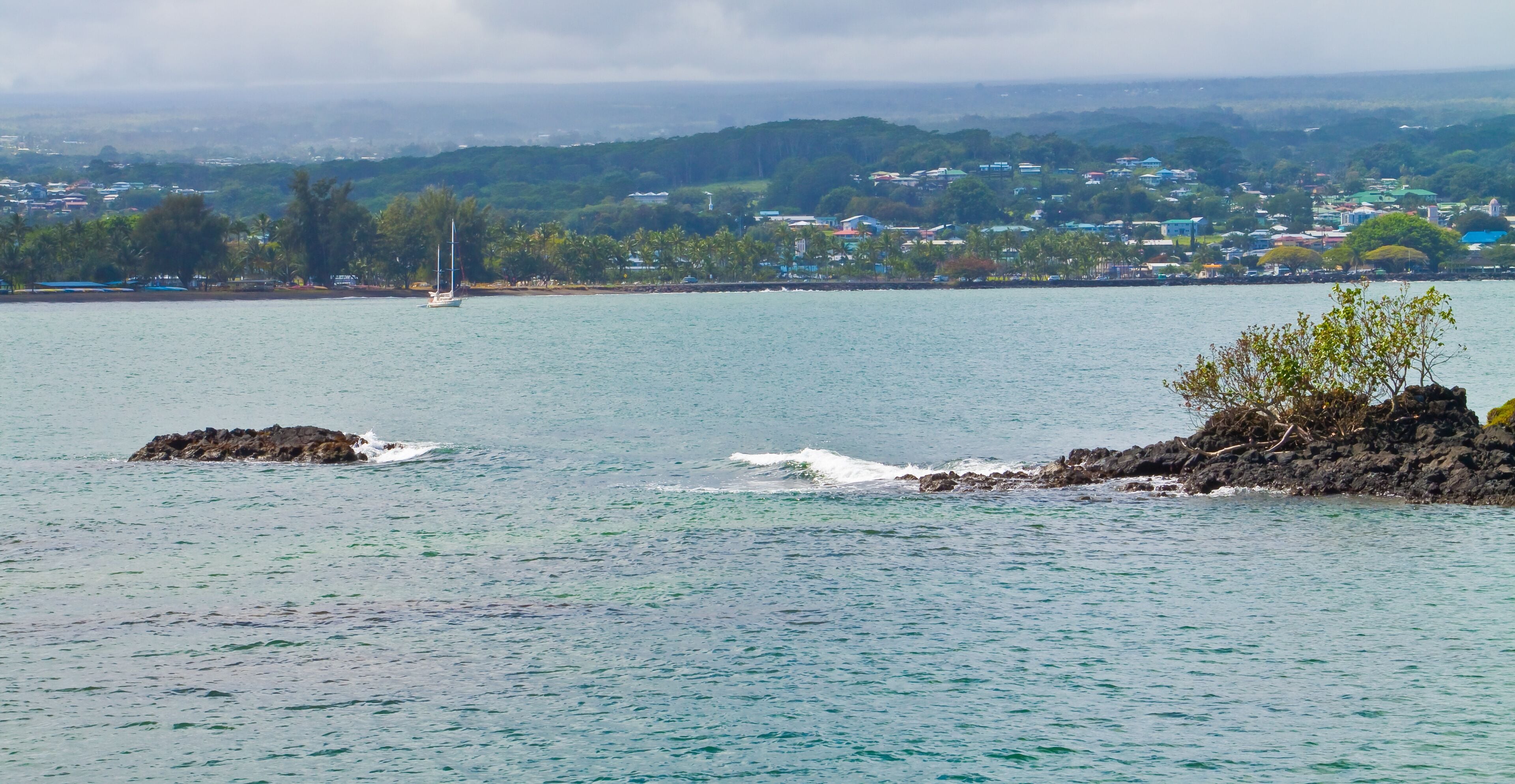 Downtown Hilo Waterfront Across Hilo Bay From Coconut Island Park, Hilo, Hawaii Island, Hawaii, USA