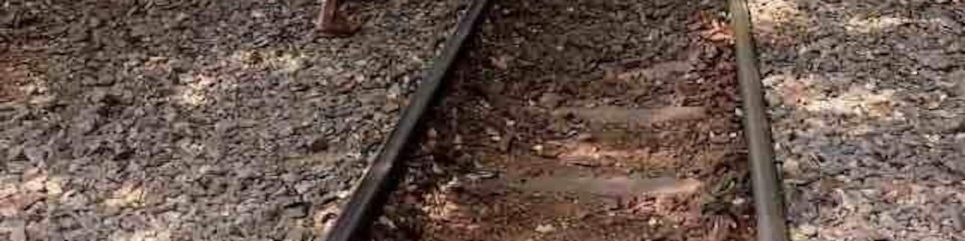 Monks on the tracks of the popular tourist train line going through Kanchanaburi Province, along the Kwai river and on its famous bridge, Western Thailand.