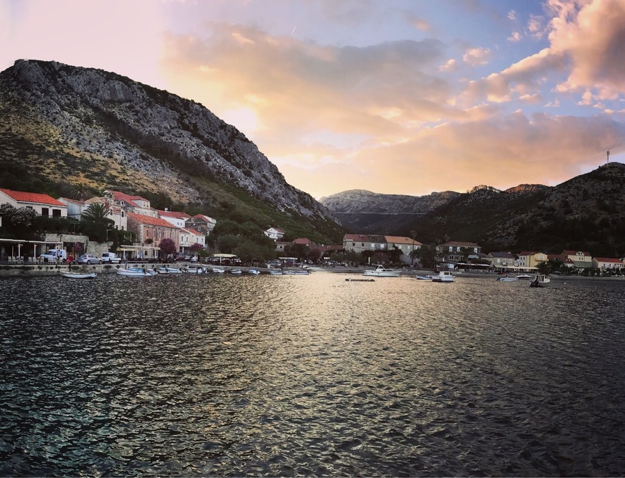 Really nice view of sunset in small town on Croatian sailing trip.