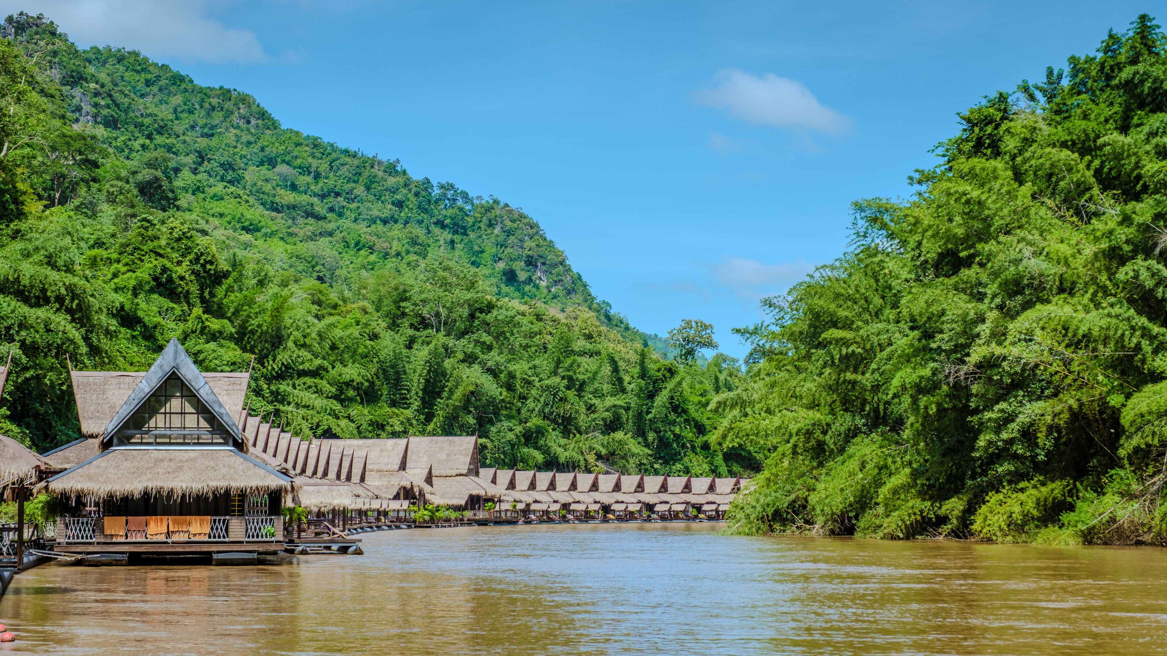 Wooden floating raft house in river Kwai Kanchanaburi, Thailand