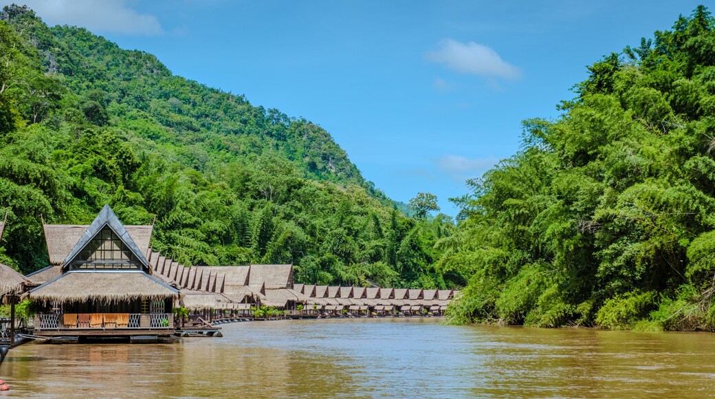Wooden floating raft house in river Kwai Kanchanaburi, Thailand