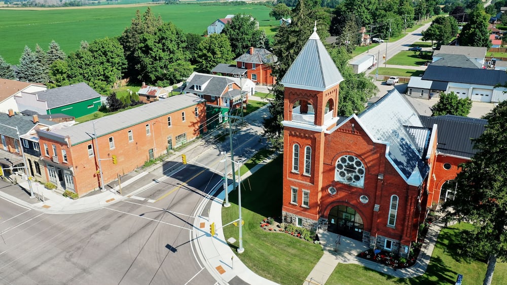 Aerial of the town of Shakespeare, Ontario, Canada