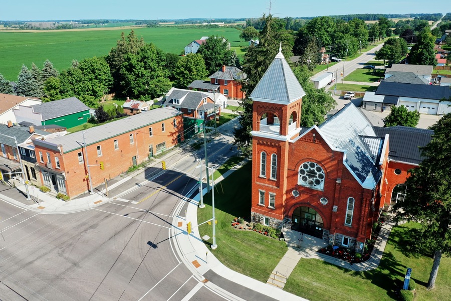 Aerial of the town of Shakespeare, Ontario, Canada