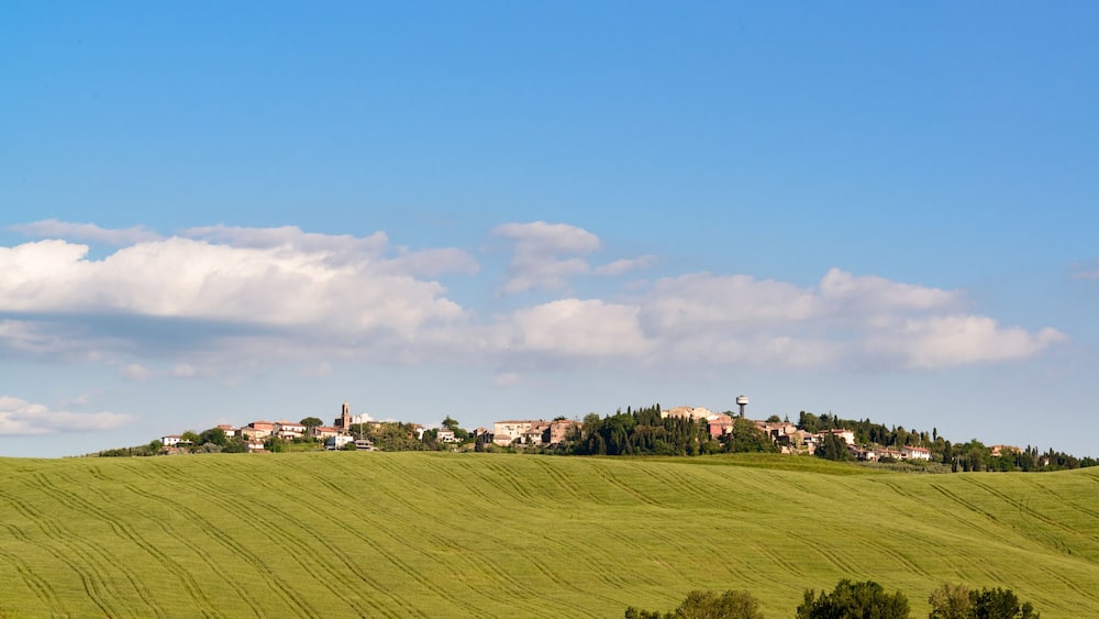 Une colline verdoyante parsemée de bâtiments et surmontée d’une tour.