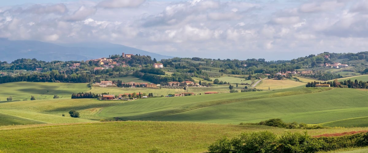 Rolling green hills, a village, and a mountain in the distance.