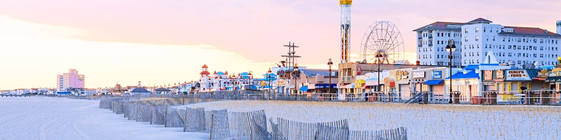 Evening on the beach and boardwalk of Ocean City, New Jersey.