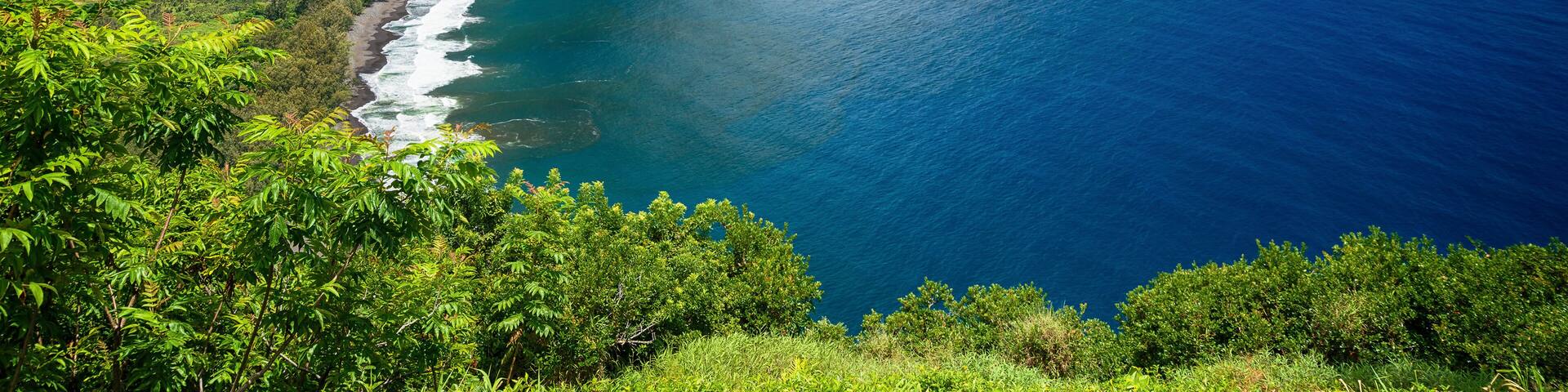 A coastal landscape with a green hillside, a beach, and the ocean.