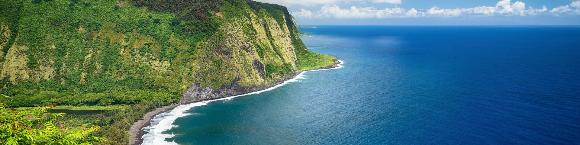 Un paisaje costero con una ladera verde, una playa y el océano.