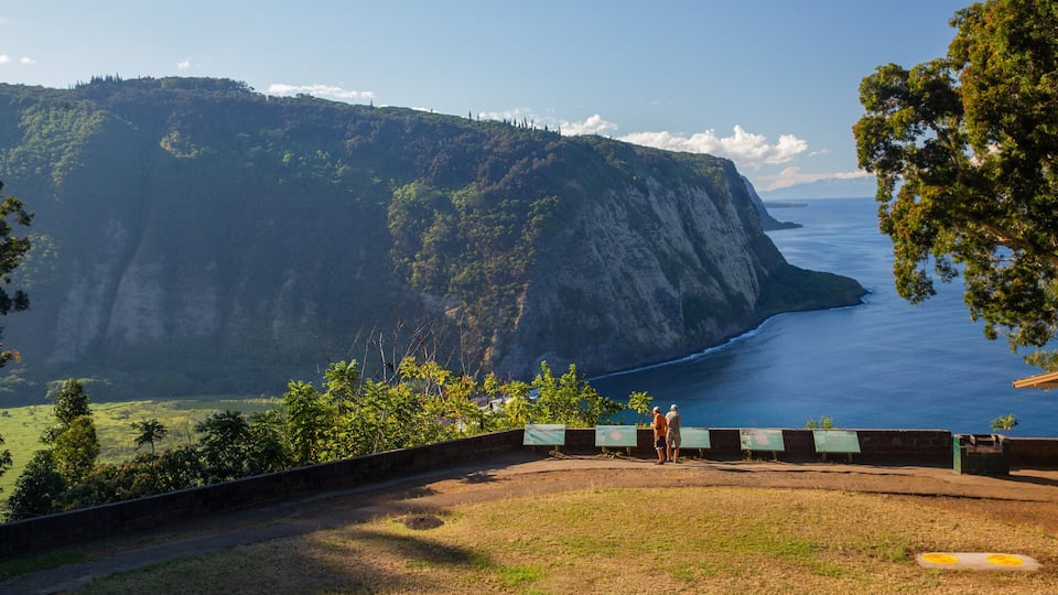 A coastal landscape with a prominent cliff, a clear view of the ocean, and a paved viewing platform with people.