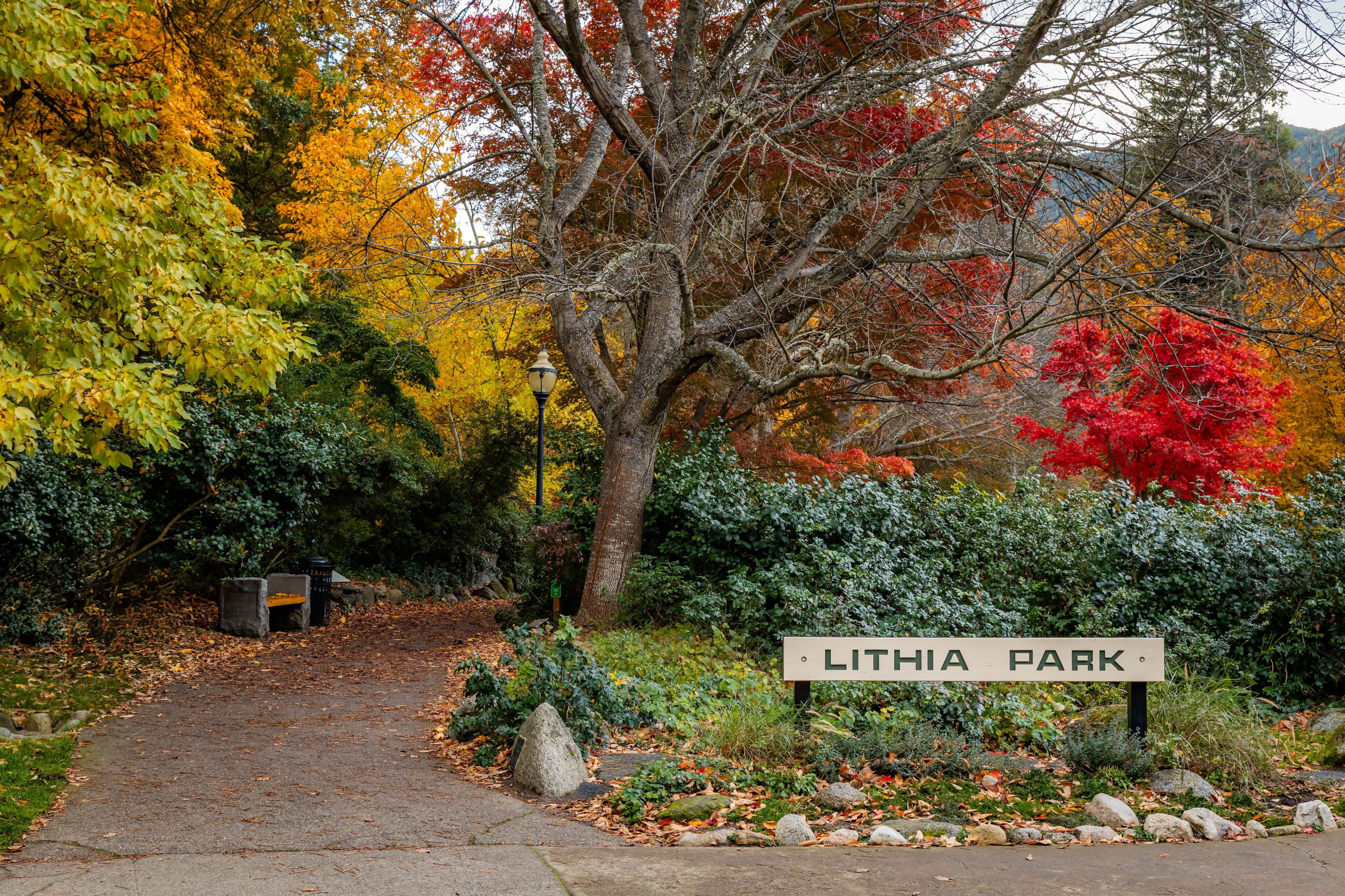Famous Ashland Lithia Park Entrance and Sign in Autumn