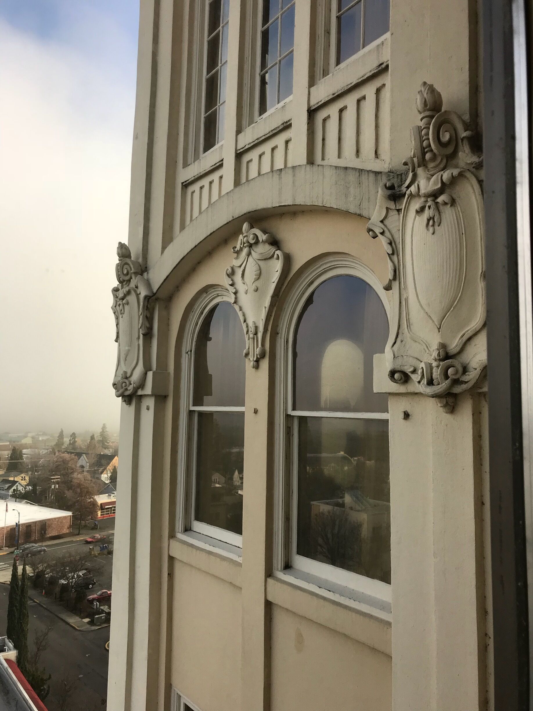 We had a corner queen on the 8th floor and this is a close look at the neoclassical gothic architecture from our bedroom window 