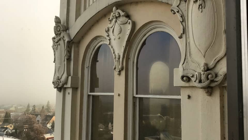 We had a corner queen on the 8th floor and this is a close look at the neoclassical gothic architecture from our bedroom window