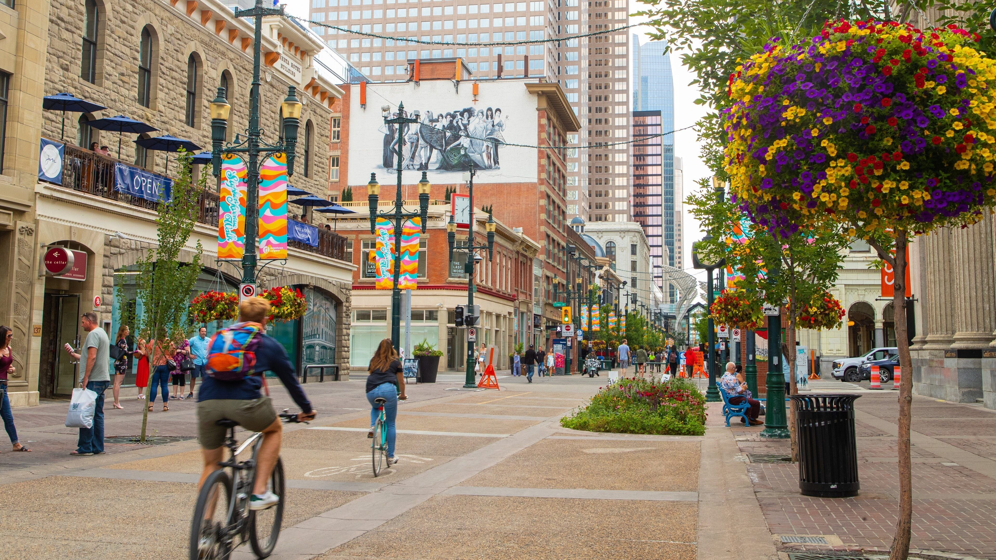 Stephen Avenue showing street scenes, road cycling and a city