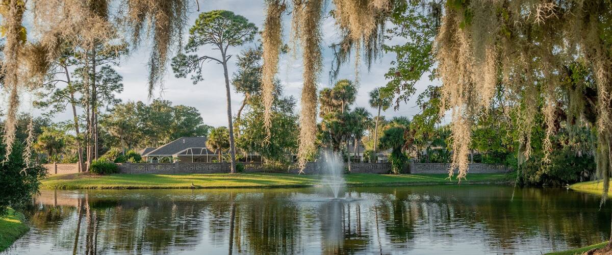 Palm Harbor Golf Club featuring a pond and a fountain