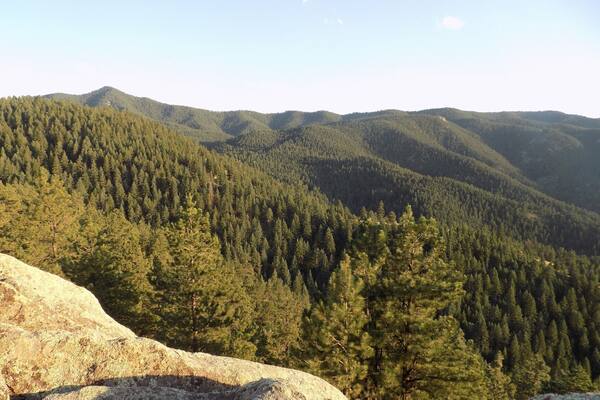 Evening bathes the forested foothills in warm light.