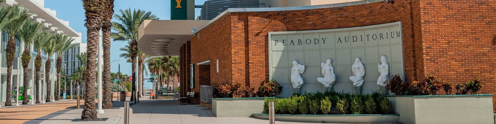 Peabody Auditorium showing signage and outdoor art