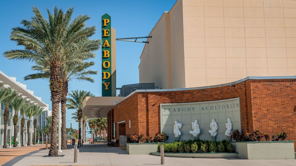Peabody Auditorium showing signage and outdoor art