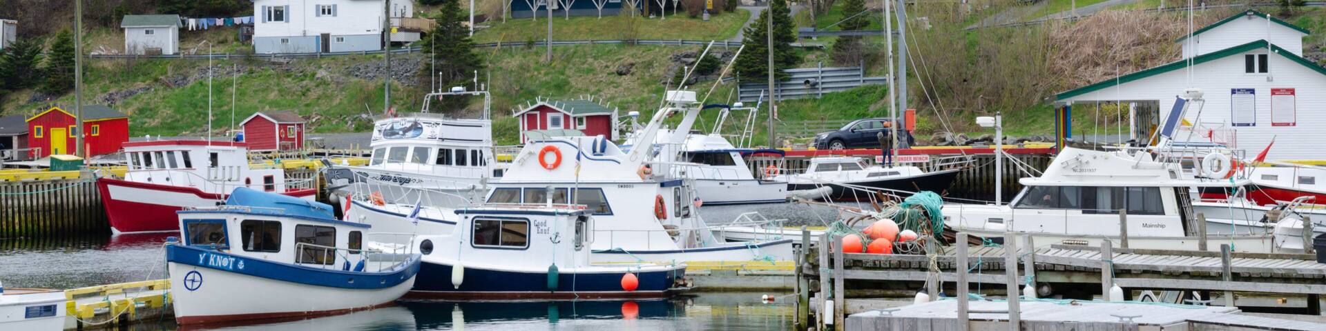 Boats and colorful homes reflect in the Atlantic Ocean in the Newfoundland village of Dildo
