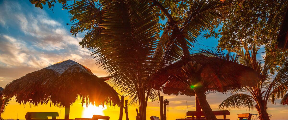 Una playa con bancos de madera, un paraguas de paja, palmeras y el océano al atardecer.