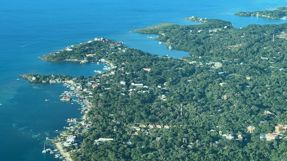 An aerial view of a coastal area with dense greenery, small islands, and a marina with boats.