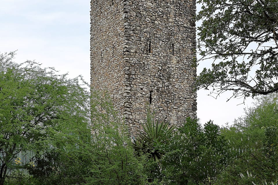 Una torre de piedra rodeada de vegetación densa.