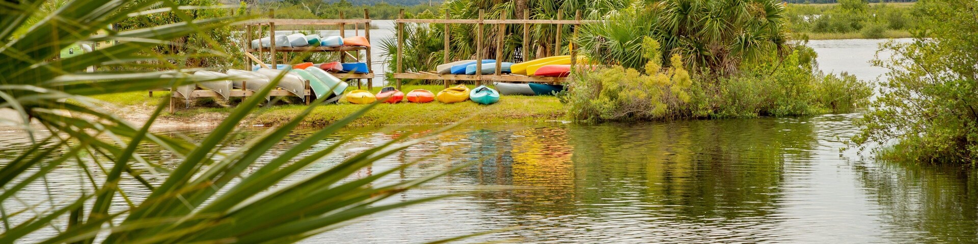 Un río tranquilo con kayaks y canoas amarradas en la orilla, rodeado de exuberante follaje y palmeras.