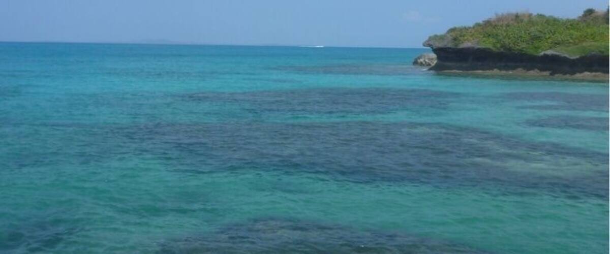 A clear blue sea with shallow waters near a rocky coastline.