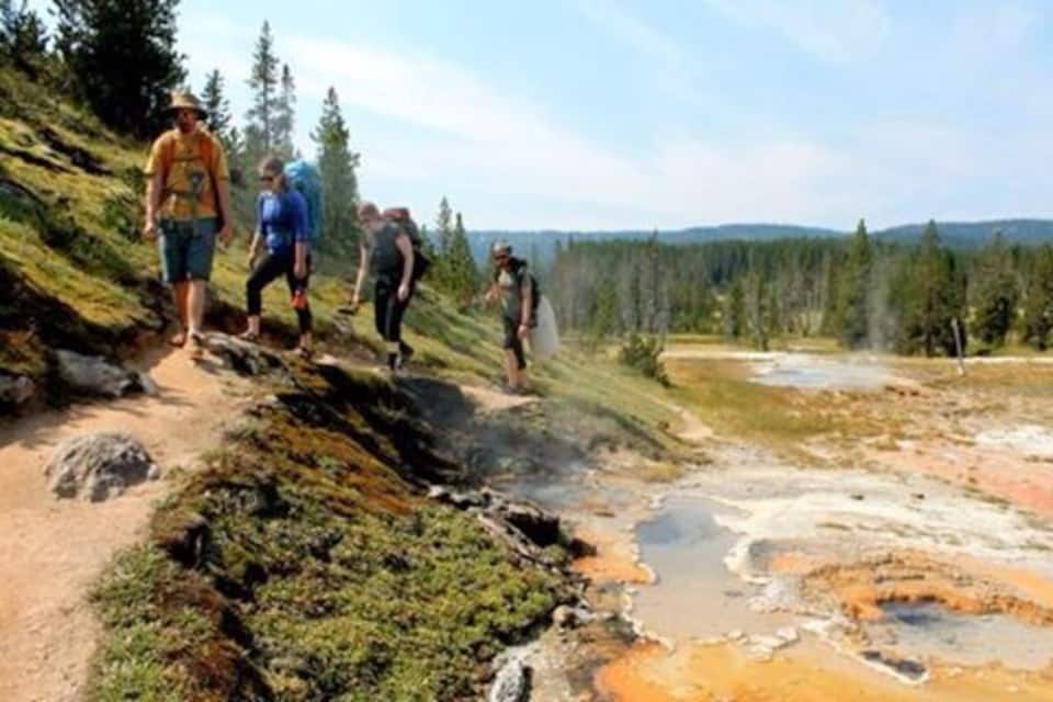 A group of people hiking on a trail with geothermal features and a forested background.