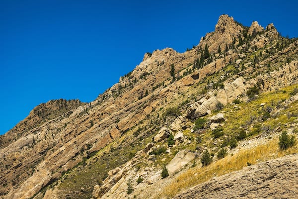 Rattlesnake Mountain Cliffs, partial view from Buffalo Bill State Park in Shoshone Canyon, Cody, Wyoming, USA