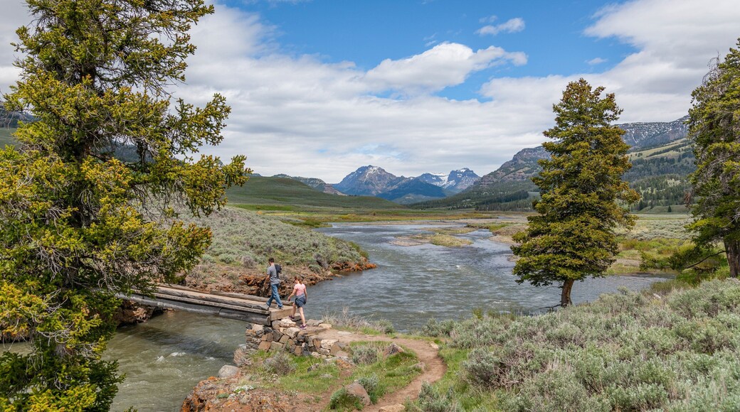 Lamar Valley featuring a river or creek and hiking or walking as well as a couple