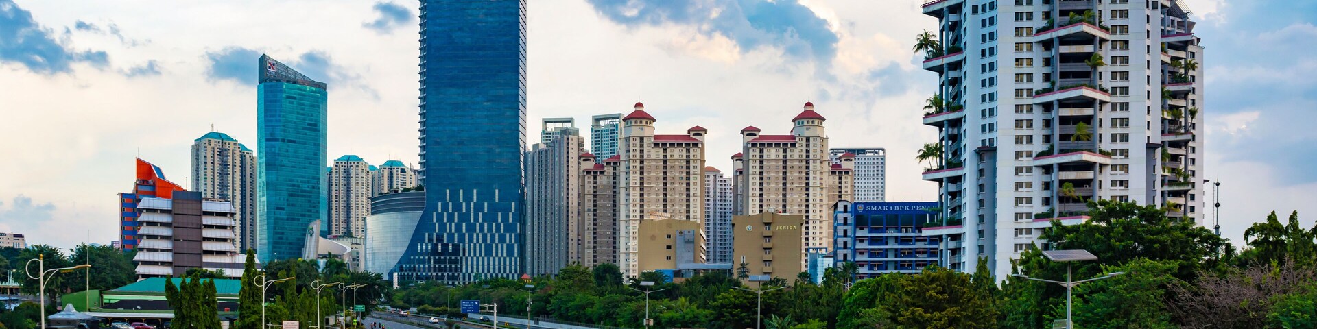 Jakarta, Indonesia - 3rd May 2020: Empty or deserted Jakarta street in times of covid 19 pandemic. People are working from home to reduce the spread of covid 19 epidemic.
