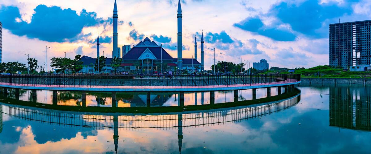 The exterior of Hasyim Asyari Grand Mosque in West Jakarta, Indonesia; with beautiful sunset sky.