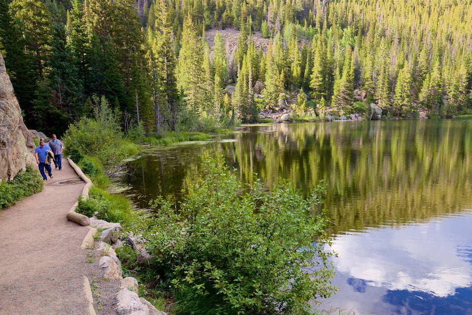 Sentiero escursionistico accanto a un lago tranquillo, circondato da fitta foresta.