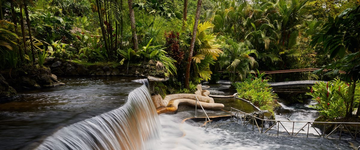 Tabacon geothermal waterfall in La Fortuna Arenal volcano area, Costa Rica