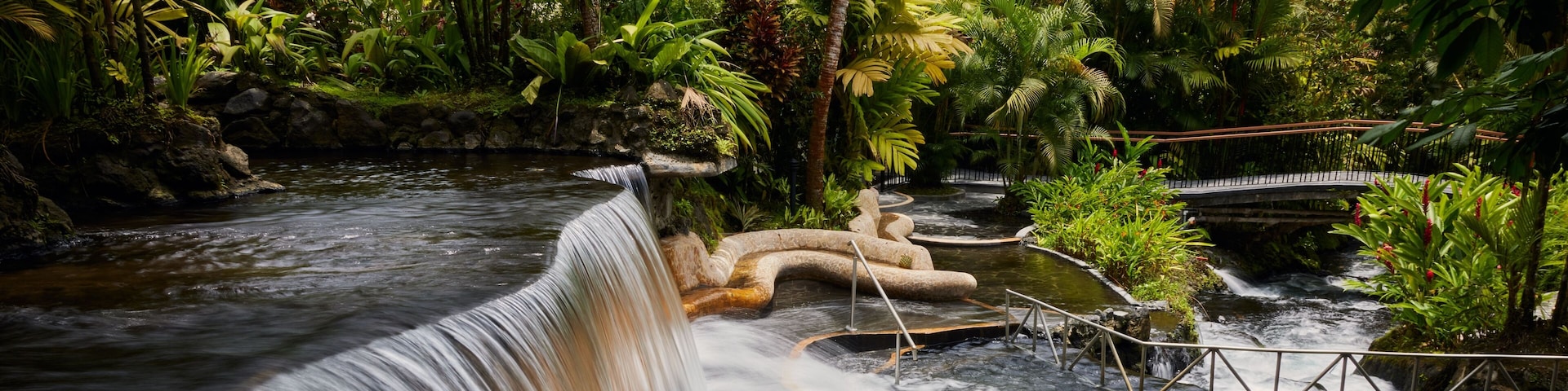 A waterfall in a lush, tropical garden with a stone bridge.