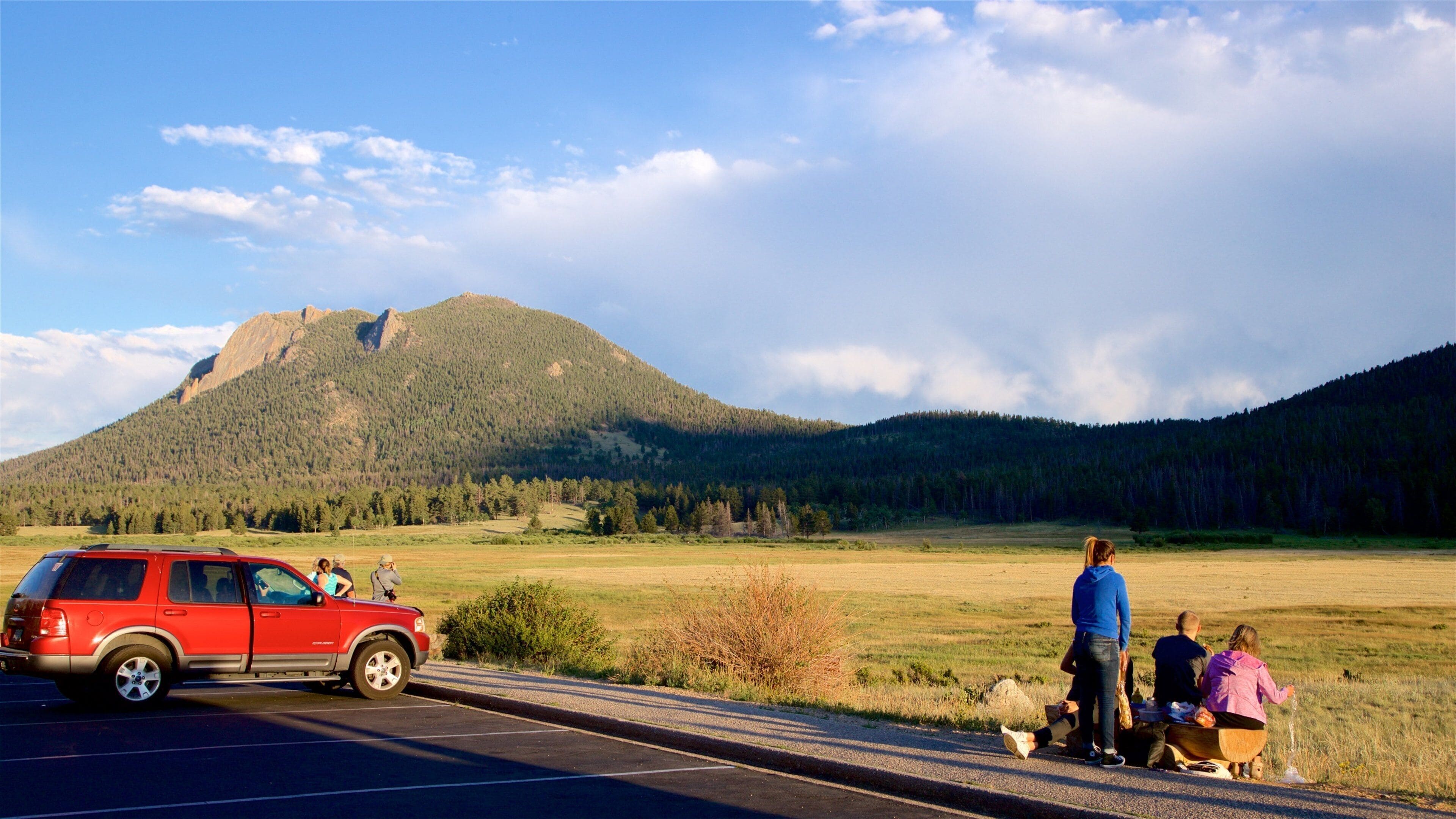 Horseshoe Park showing tranquil scenes and mountains as well as a family