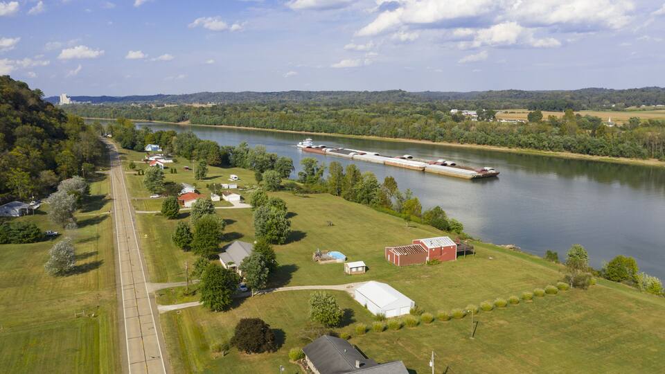 Aerial Perspective Barge Transportation Over Gallipolis Waterfront along the Ohio River