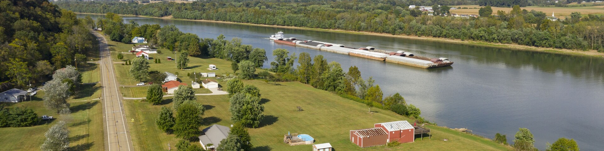 Aerial Perspective Barge Transportation Over Gallipolis Waterfront along the Ohio River