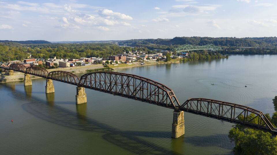 Aerial View Over the Ohio River near Point Pleasant West Virginia USa