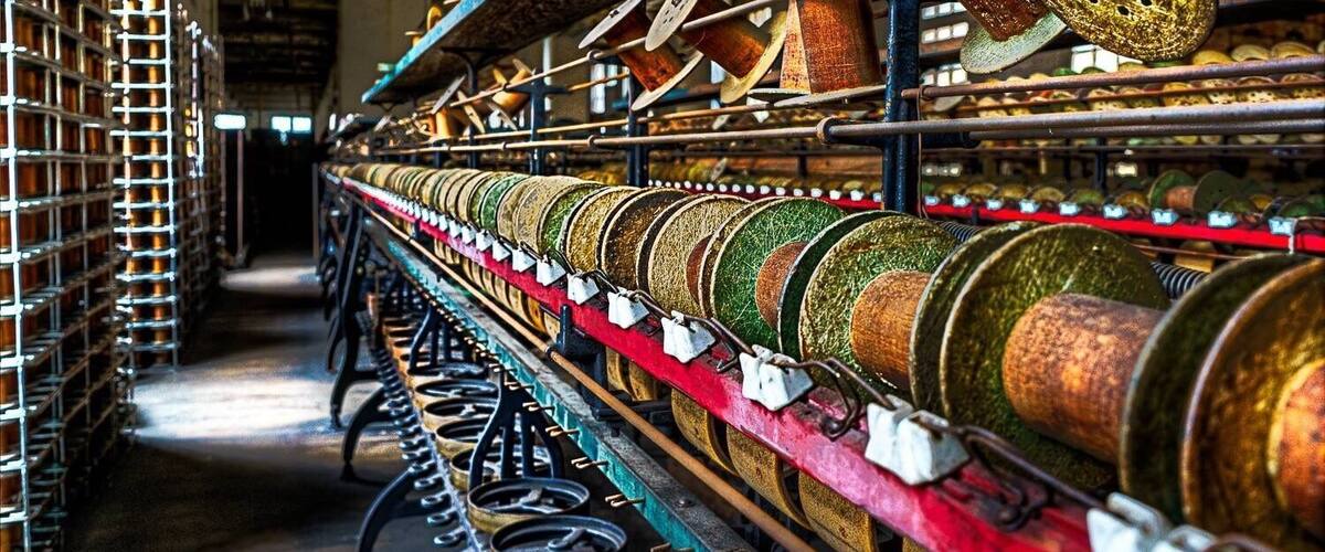 A textile factory with rows of spools of thread on shelves.