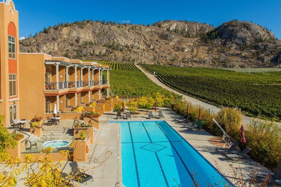 A resort with a swimming pool, outdoor seating, and a vineyard.
