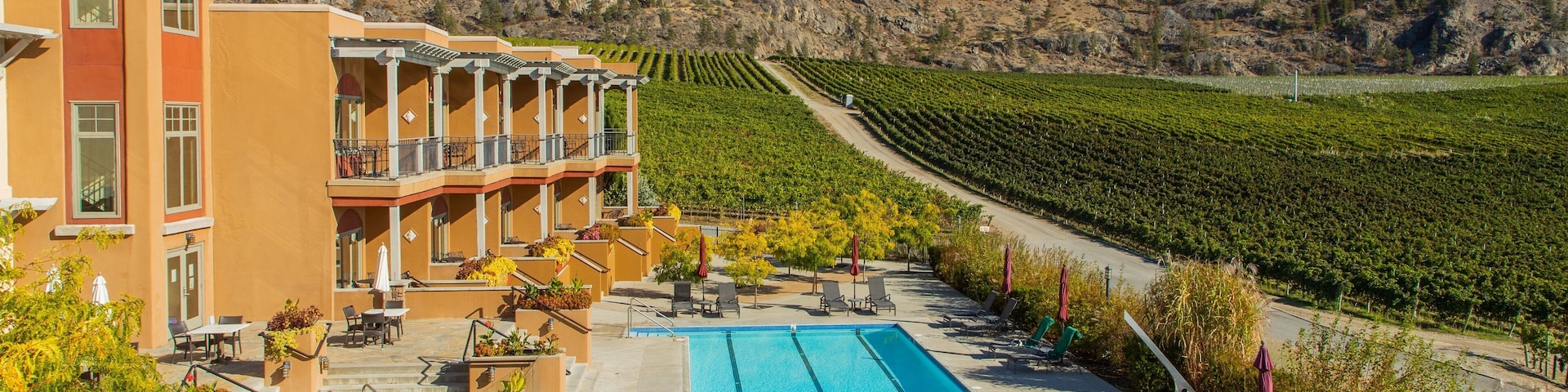 Burrowing Owl Estate Winery showing a pool, a hotel and farmland