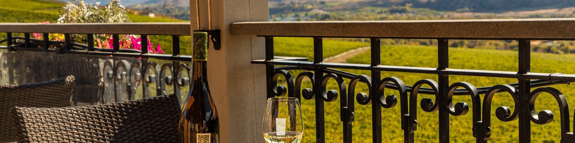 Una botella de Chardonnay Burrowing Owl y una copa sobre una mesa con vistas a un paisaje montañoso.